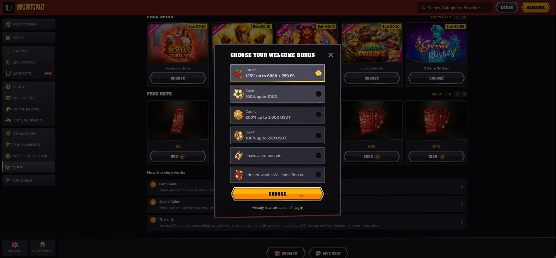 Wintino welcome bonus selection