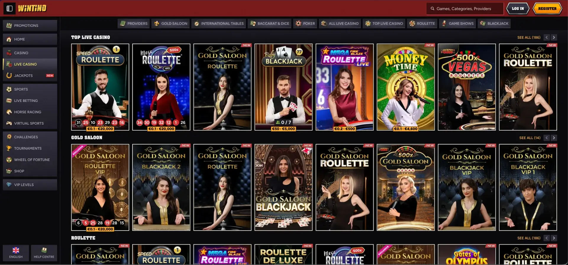 Wintino live casino tables and Gold Saloon