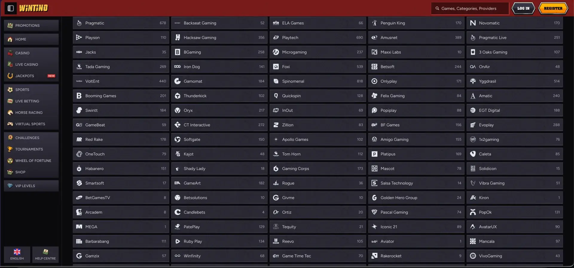 Wintino providers, filters and lobby navigation