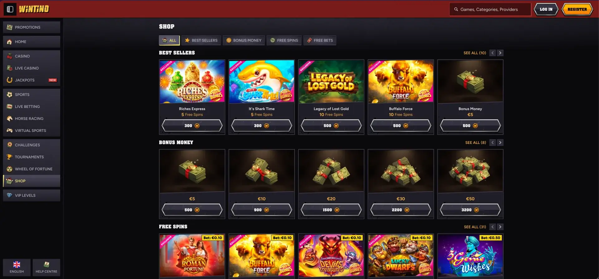 Wintino coin Shop rewards
