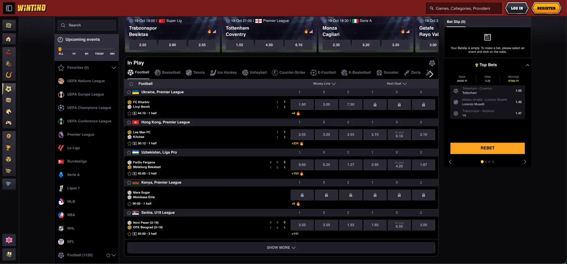 Wintino sportsbook and live betting interface